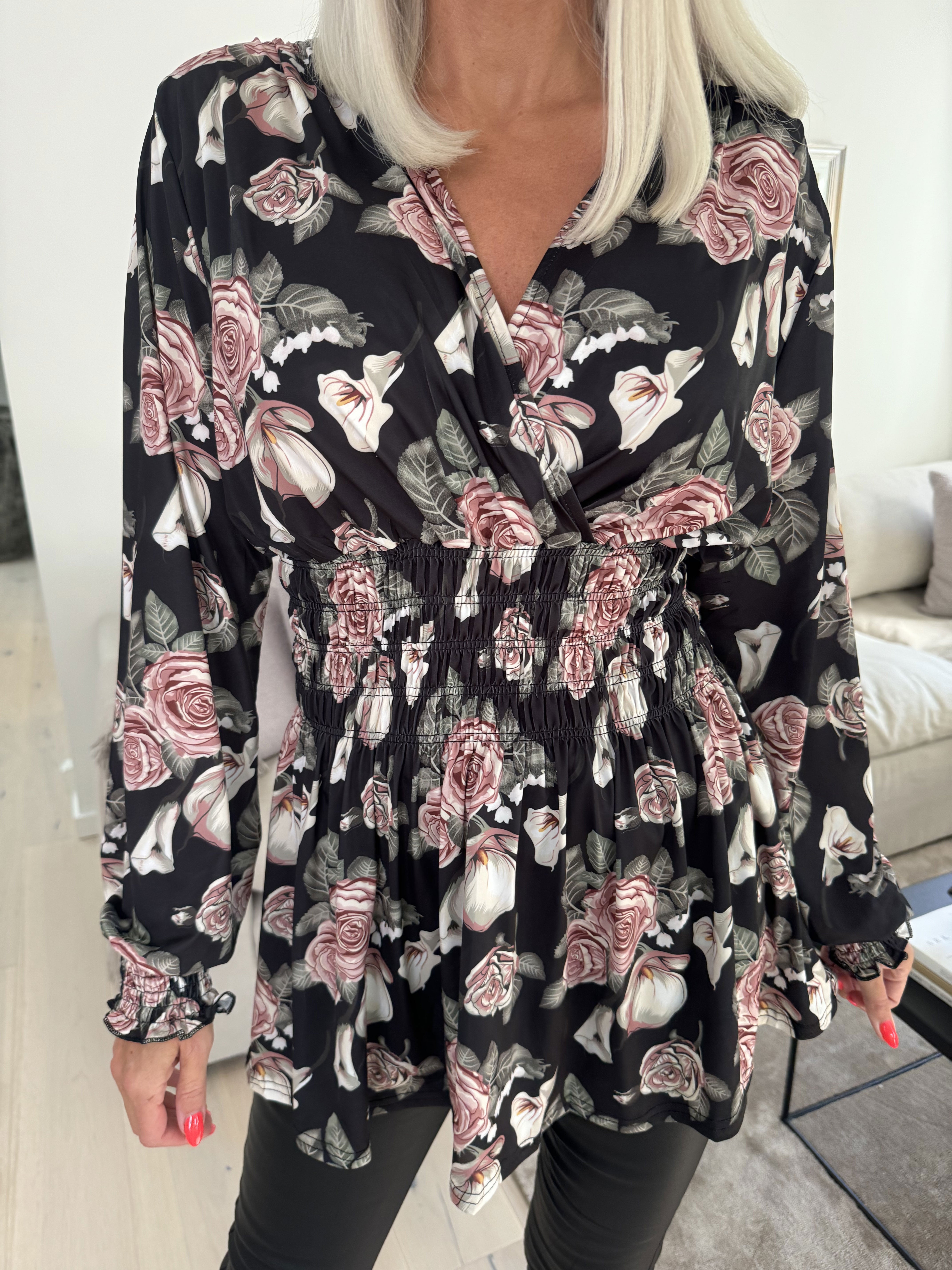 Pams Rose Shirt L/S - Elastisk blus i skrynkelfritt tyg med rosor